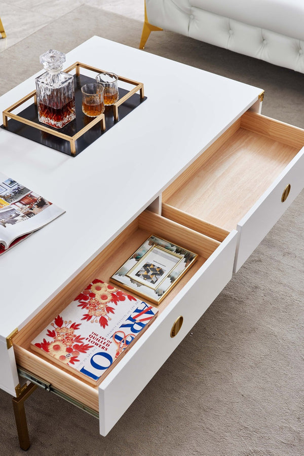 HomeRoots 28" Elegant White and Gold Solid Wood Coffee Table with Two Drawers for Stylish Living Spaces 604040