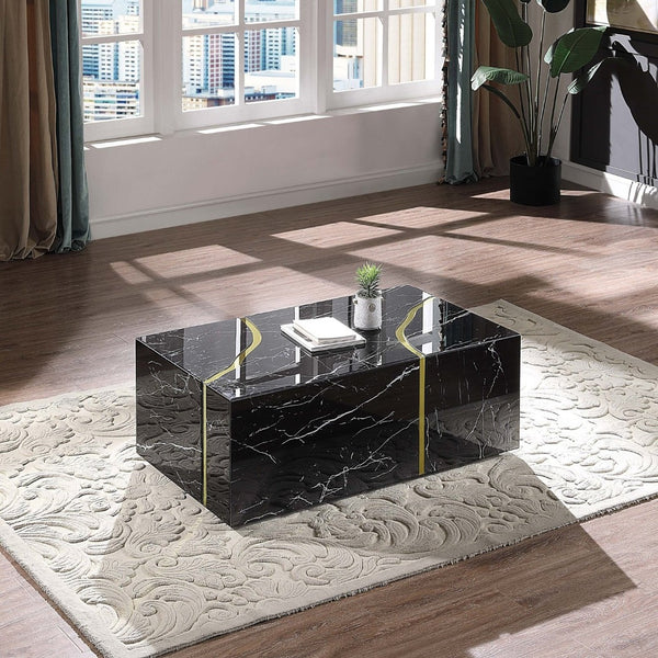 HomeRoots 47" White Marble Coffee Table with Solid Wood Base - Modern Design for Stylish Living Spaces 604043