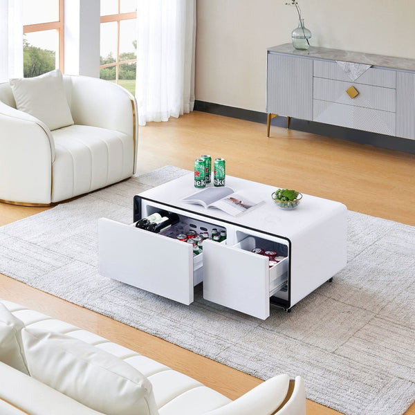 HomeRoots 42" White Solid Wood Coffee Table - Modern Design with Two Drawers for Stylish Living Room Storage 604045