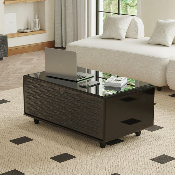 HomeRoots 18" Black Synthetic Laminate End Table with Reclaimed Wood, USB Port, and Two Drawers for Storage 604046