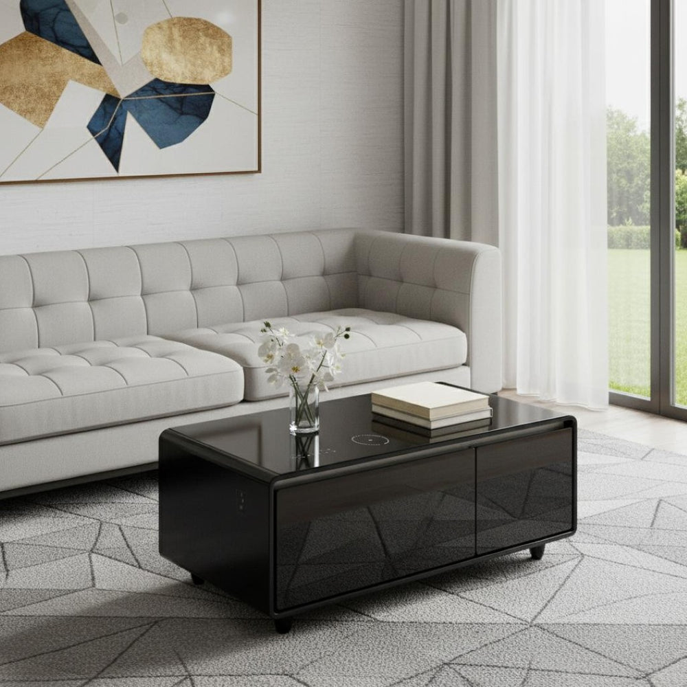 HomeRoots 18" Black Synthetic Laminate End Table with Reclaimed Wood, USB Port, and Two Drawers for Storage 604046