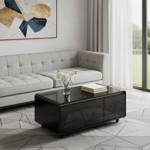 HomeRoots 18" Black Synthetic Laminate End Table with Reclaimed Wood, USB Port, and Two Drawers for Storage 604046