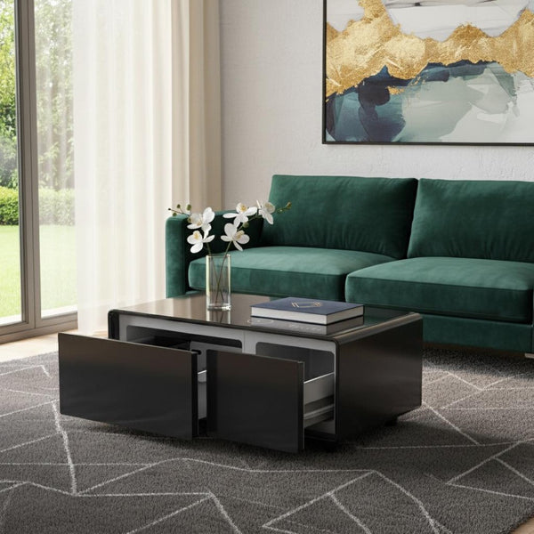 HomeRoots 18" Black Synthetic Laminate End Table with Reclaimed Wood, USB Port, and Two Drawers for Storage 604046