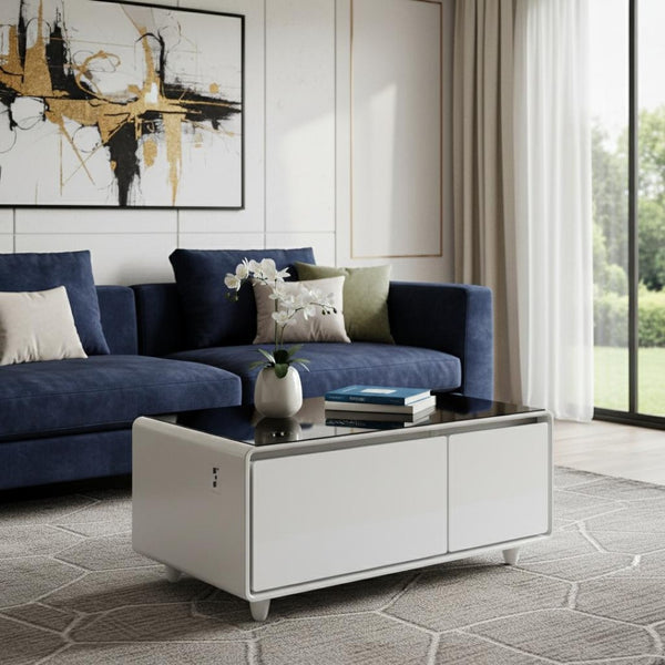 HomeRoots 41" Sleek Black and White Glass Coffee Table with Drawers - Modern Design for Stylish Spaces 604047