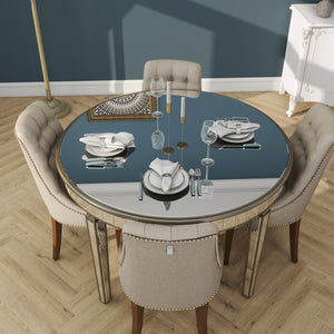English Elm 47.24" Round Glass Dining Table with Mirror Top Silver Vintage Gold Geometric Frame Elegant Centerpiece W3207P285434