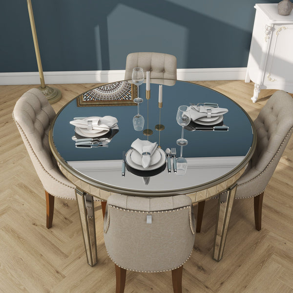 English Elm 47.24" Round Glass Dining Table with Mirror Top Silver Vintage Gold Geometric Frame Elegant Centerpiece W3207P285434