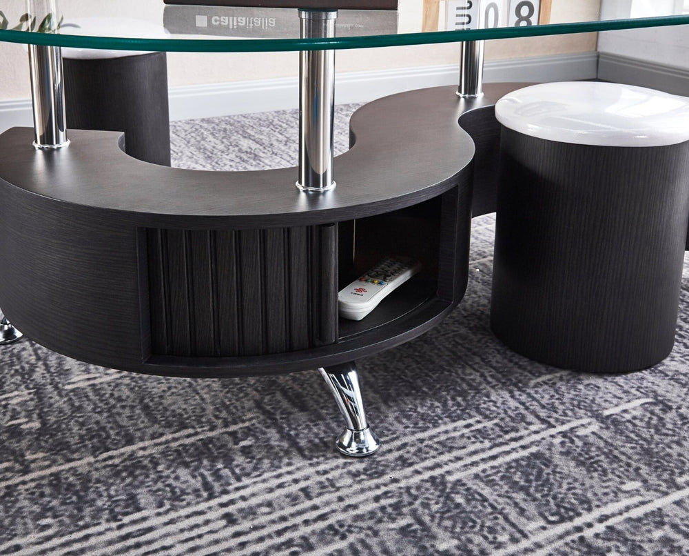 HomeRoots 28" Oval Coffee Table with Mirrored Glass Top, Black Wood Base & Stainless Steel Accents for Modern Style 604053