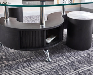 HomeRoots 28" Oval Coffee Table with Mirrored Glass Top, Black Wood Base & Stainless Steel Accents for Modern Style 604053