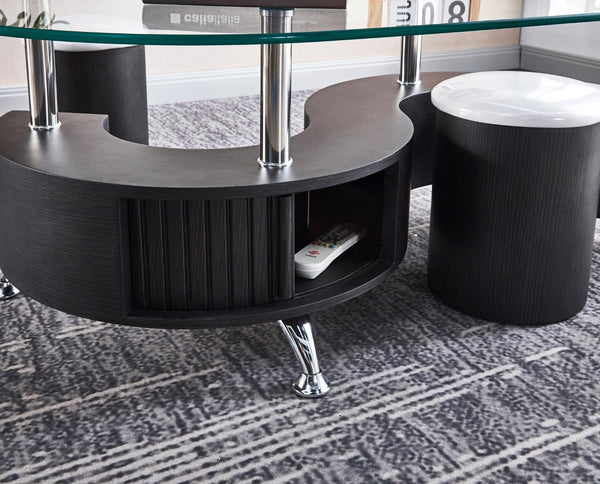 HomeRoots 28" Oval Coffee Table with Mirrored Glass Top, Black Wood Base & Stainless Steel Accents for Modern Style 604053