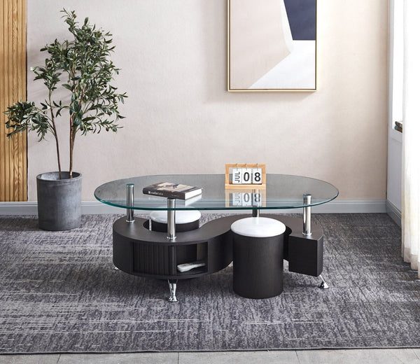 HomeRoots 28" Oval Coffee Table with Mirrored Glass Top, Black Wood Base & Stainless Steel Accents for Modern Style 604053