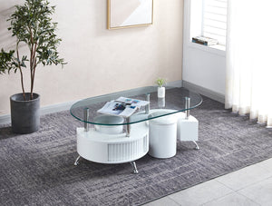 HomeRoots 28" Oval Coffee Table with Mirrored Glass Top, White Wood & Stainless Steel Base for Modern Homes 604054