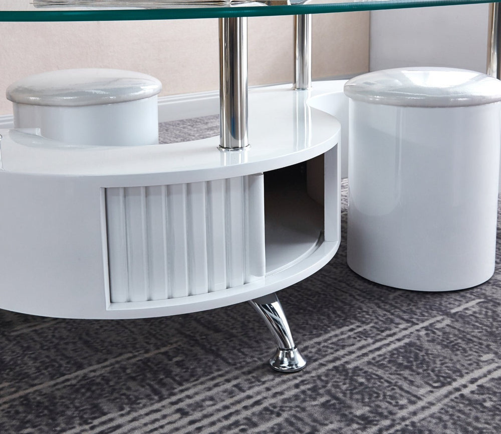 HomeRoots 28" Oval Coffee Table with Mirrored Glass Top, White Wood & Stainless Steel Base for Modern Homes 604054