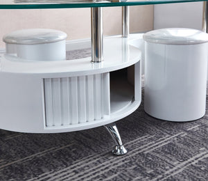 HomeRoots 28" Oval Coffee Table with Mirrored Glass Top, White Wood & Stainless Steel Base for Modern Homes 604054