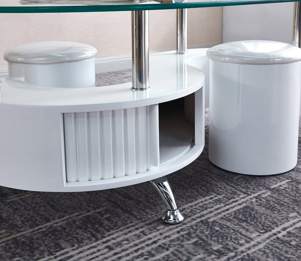 HomeRoots 28" Oval Coffee Table with Mirrored Glass Top, White Wood & Stainless Steel Base for Modern Homes 604054