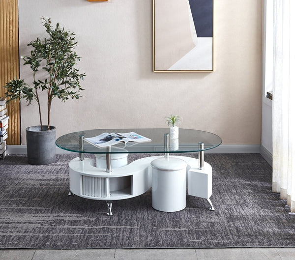 HomeRoots 28" Oval Coffee Table with Mirrored Glass Top, White Wood & Stainless Steel Base for Modern Homes 604054
