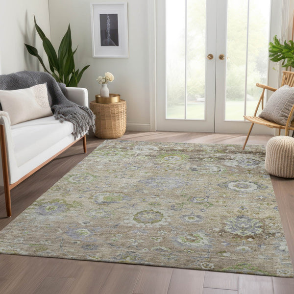 Homeroots 3' Beige Gray And Green Floral Washable Rug - Durable Indoor Outdoor Accent For Stylish Spaces 3' X 5' Polyester 604060