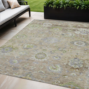 Homeroots 3' Beige Gray And Green Floral Washable Rug - Durable Indoor Outdoor Accent For Stylish Spaces 5' X 8' Polyester 604061