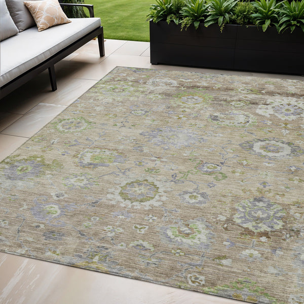 Homeroots 3' Beige Gray And Green Floral Washable Rug - Durable Indoor Outdoor Accent For Stylish Spaces 5' X 8' Polyester 604061