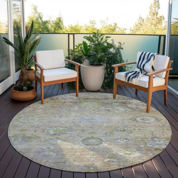 Homeroots 3' Beige Gray And Green Floral Washable Rug - Durable Indoor Outdoor Accent For Stylish Spaces 8' Round Polyester 604062