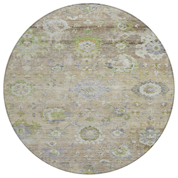 HomeRoots 5' Floral Indoor Outdoor Area Rug in Beige, Gray & Green - Durable, Washable, Versatile Design 8' Round 604062