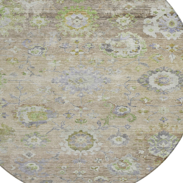 Homeroots 3' Beige Gray And Green Floral Washable Rug - Durable Indoor Outdoor Accent For Stylish Spaces 8' Round Polyester 604062