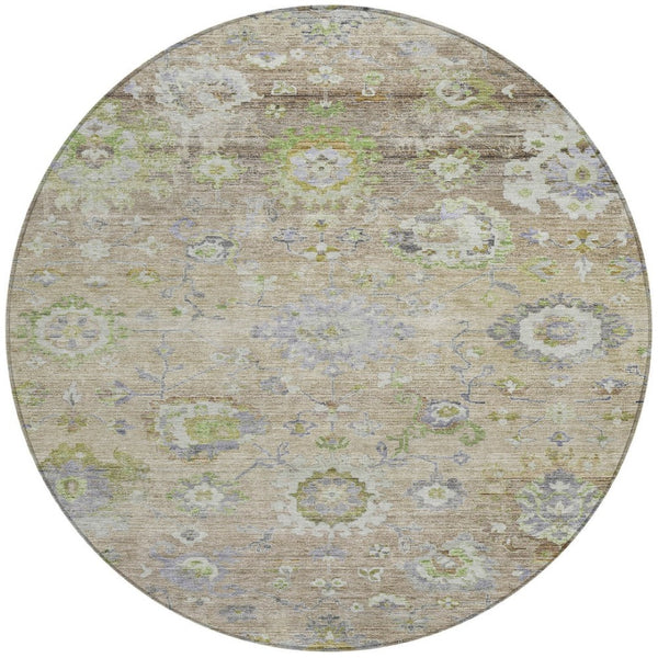 Homeroots 3' Beige Gray And Green Floral Washable Rug - Durable Indoor Outdoor Accent For Stylish Spaces 8' Round Polyester 604062