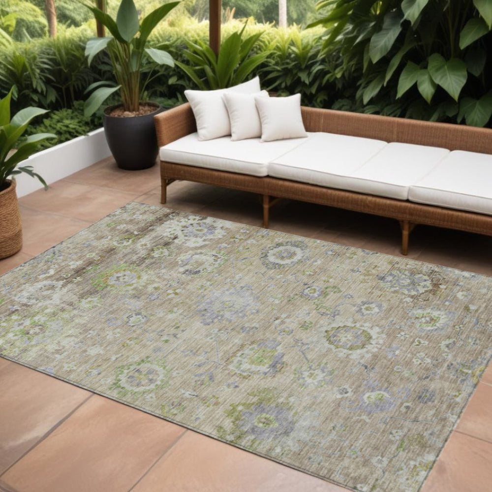 HomeRoots 9' X 12' Washable Floral Area Rug in Beige, Gray & Green - Durable Indoor/Outdoor Décor Solution 604064