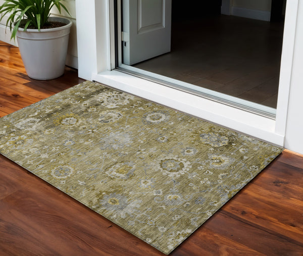 Homeroots 3' Beige Gray And Green Floral Washable Rug - Durable Indoor Outdoor Accent For Stylish Spaces 3' X 5' Polyester 604066