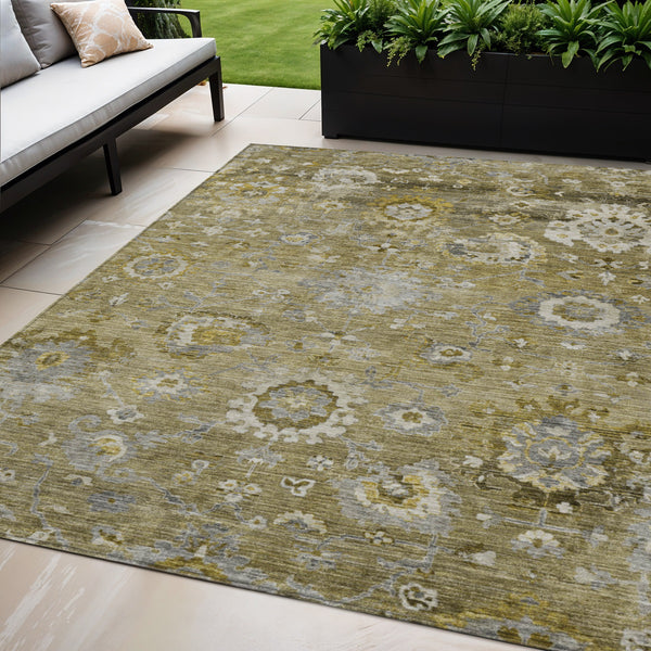 Homeroots 3' Beige Gray And Green Floral Washable Rug - Durable Indoor Outdoor Accent For Stylish Spaces 5' X 8' Polyester 604067