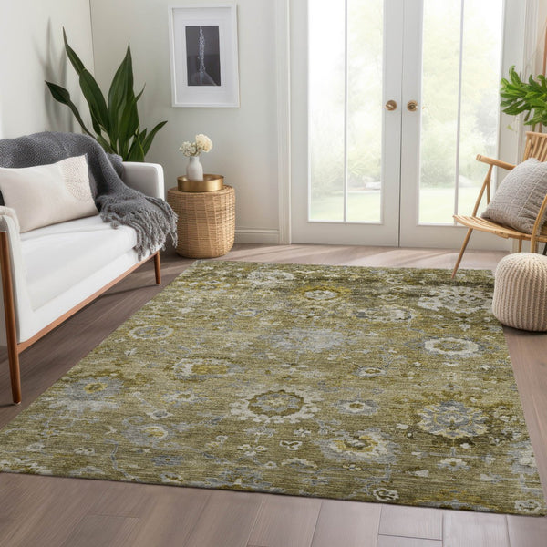 Homeroots 3' Beige Gray And Green Floral Washable Rug - Durable Indoor Outdoor Accent For Stylish Spaces 5' X 8' Polyester 604067