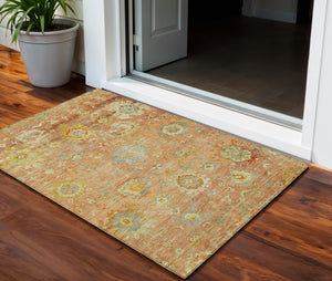 Homeroots 3' Beige Gray And Green Floral Washable Rug - Durable Indoor Outdoor Accent For Stylish Spaces 3' X 5' Polyester 604072