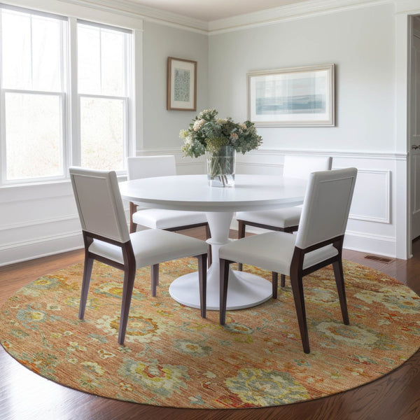 HomeRoots 5' Coral Blue and Green Floral Rug - Durable, Washable, Perfect for Indoor and Outdoor Spaces 8' Round 604074