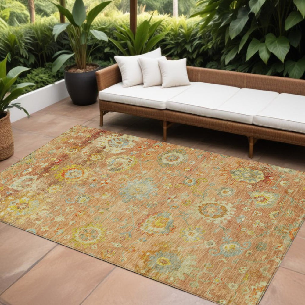 HomeRoots 5' Coral Blue and Green Floral Rug - Durable, Washable, Perfect for Indoor and Outdoor Spaces 8' X 10' 604075