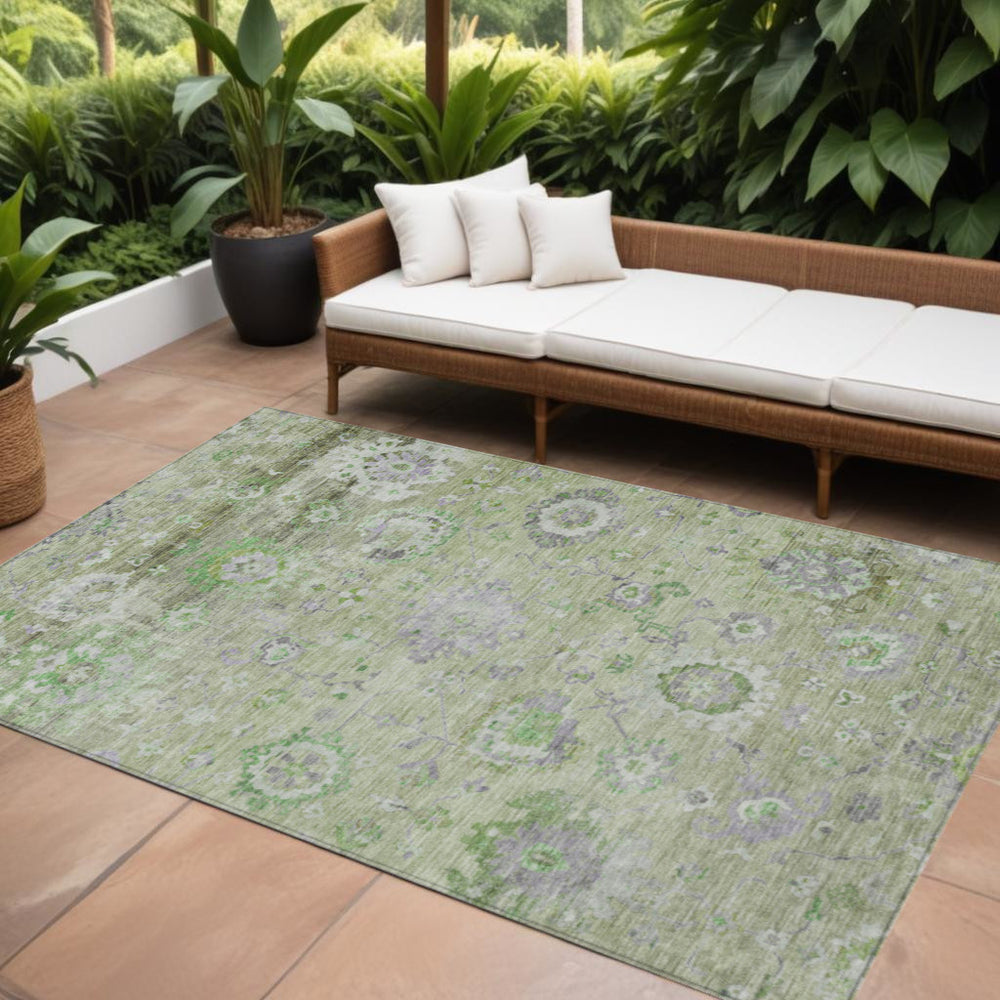 Homeroots 3' Beige Gray And Green Floral Washable Rug - Durable Indoor Outdoor Accent For Stylish Spaces 8' X 10' Polyester 604081