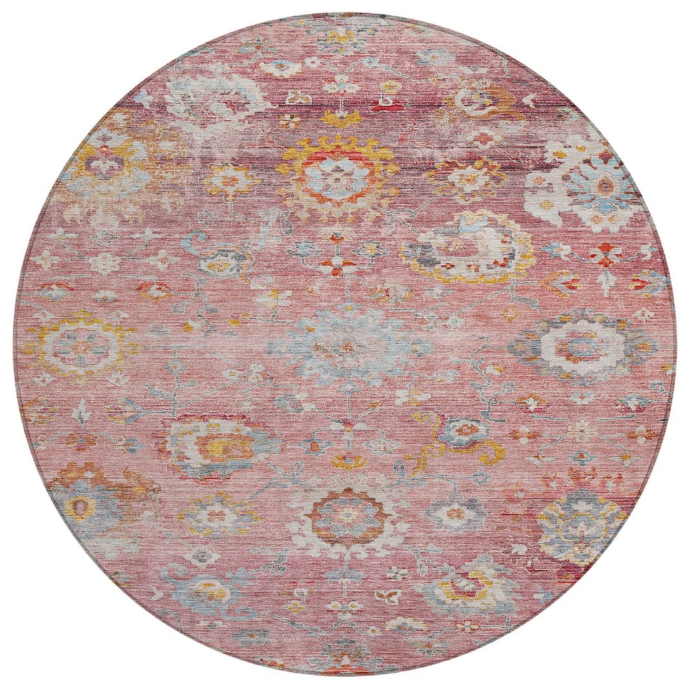 HomeRoots 5' Elegant Floral Indoor Outdoor Area Rug in Soft Pink, Gray, and Gold - Durable & Washable Design 8' Round 604086