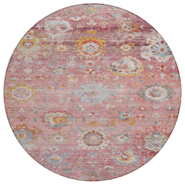 HomeRoots 5' Elegant Floral Indoor Outdoor Area Rug in Soft Pink, Gray, and Gold - Durable & Washable Design 8' Round 604086