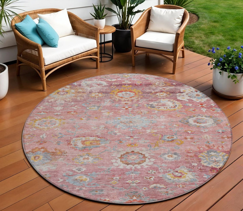 HomeRoots 5' Elegant Floral Indoor Outdoor Area Rug in Soft Pink, Gray, and Gold - Durable & Washable Design 8' Round 604086