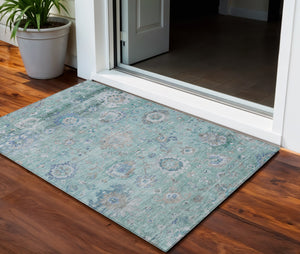 Homeroots 3' Beige Gray And Green Floral Washable Rug - Durable Indoor Outdoor Accent For Stylish Spaces 3' X 5' Polyester 604090