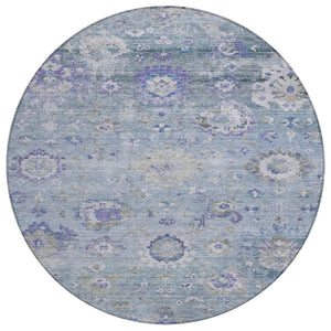 HomeRoots 5' Elegant Floral Area Rug in Sky Blue, Purple & Gray - Durable, Washable for Indoor & Outdoor Use 8' Round 604098