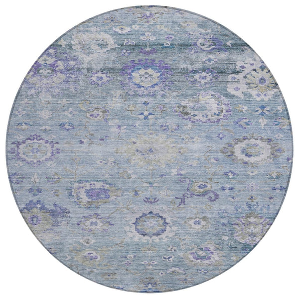 HomeRoots 5' Elegant Floral Area Rug in Sky Blue, Purple & Gray - Durable, Washable for Indoor & Outdoor Use 8' Round 604098