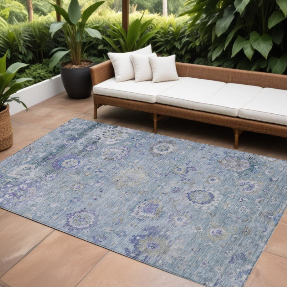 HomeRoots 5' Elegant Floral Area Rug in Sky Blue, Purple & Gray - Durable, Washable for Indoor & Outdoor Use 8' X 10' 604099