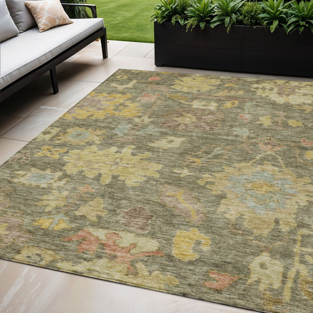 HomeRoots 5' Washable Floral Area Rug in Artichoke Green, Coral, and Brown – Perfect for Indoor & Outdoor Use 5' X 8' 604103