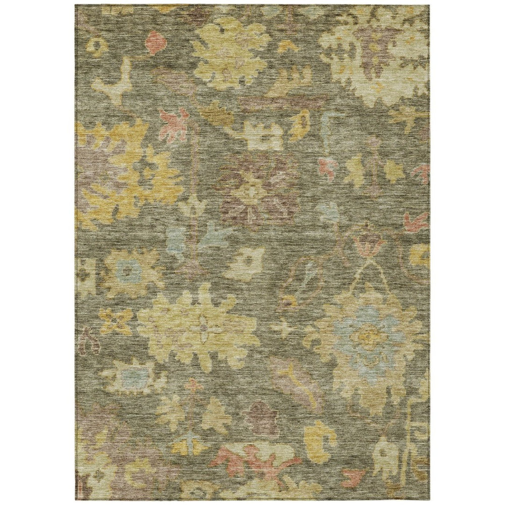 HomeRoots 5' Washable Floral Area Rug in Artichoke Green, Coral, and Brown – Perfect for Indoor & Outdoor Use 5' X 8' 604103