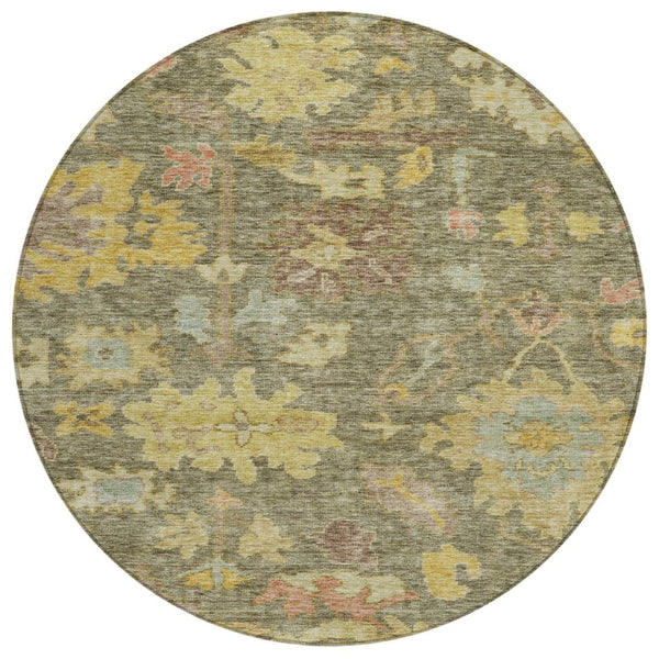 HomeRoots 5' Washable Floral Area Rug in Artichoke Green, Coral, and Brown – Perfect for Indoor & Outdoor Use 8' Round 604104
