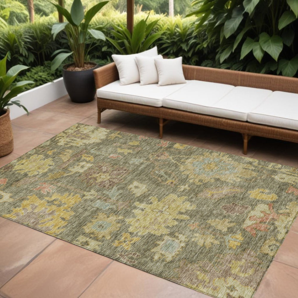 HomeRoots 9' X 12' Elegant Artichoke Green Coral Floral Area Rug - Durable, Washable, Indoor & Outdoor Style 604106