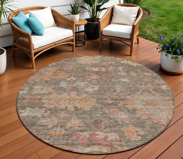 Homeroots 3' Stylish Floral Washable Area Rug For Indoor And Outdoor Use - Durable, Stain-resistant Design 8' Round Polyester 604110