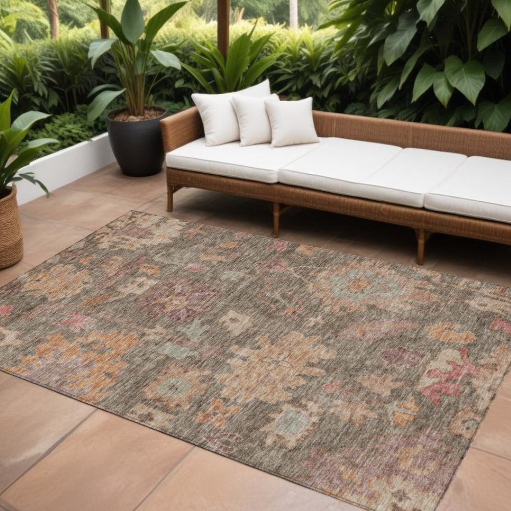 HomeRoots 9' X 12' Floral Area Rug in Brown and Tan – Durable, Washable Design for Indoor & Outdoor Use 604112