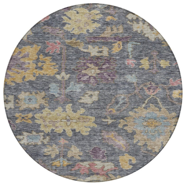 HomeRoots 5' Stylish Floral Area Rug in Blue, Charcoal, and Gold - Durable, Washable for Indoor & Outdoor Use 8' Round 604116