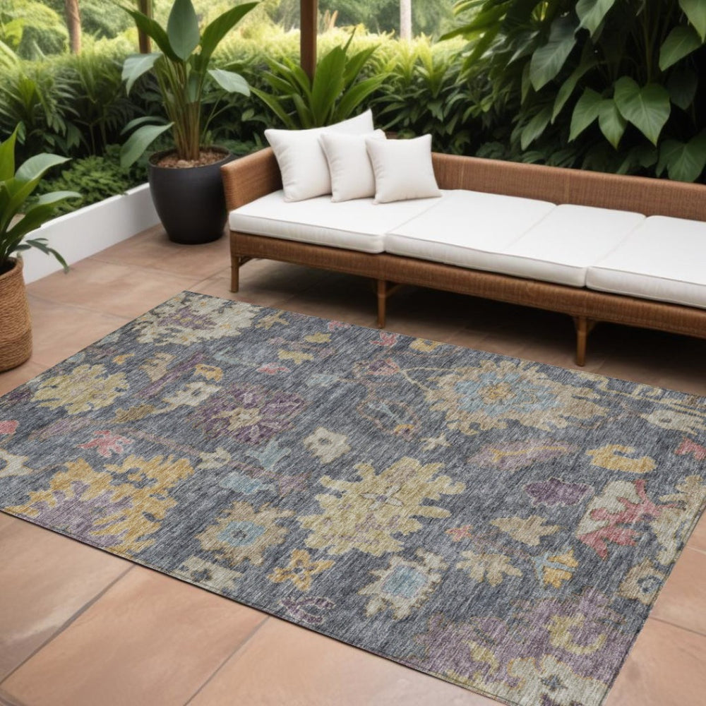 HomeRoots 9' X 12' Elegant Blue Charcoal Gold Floral Area Rug - Washable, Stain-Resistant for Indoor & Outdoor Use 604118