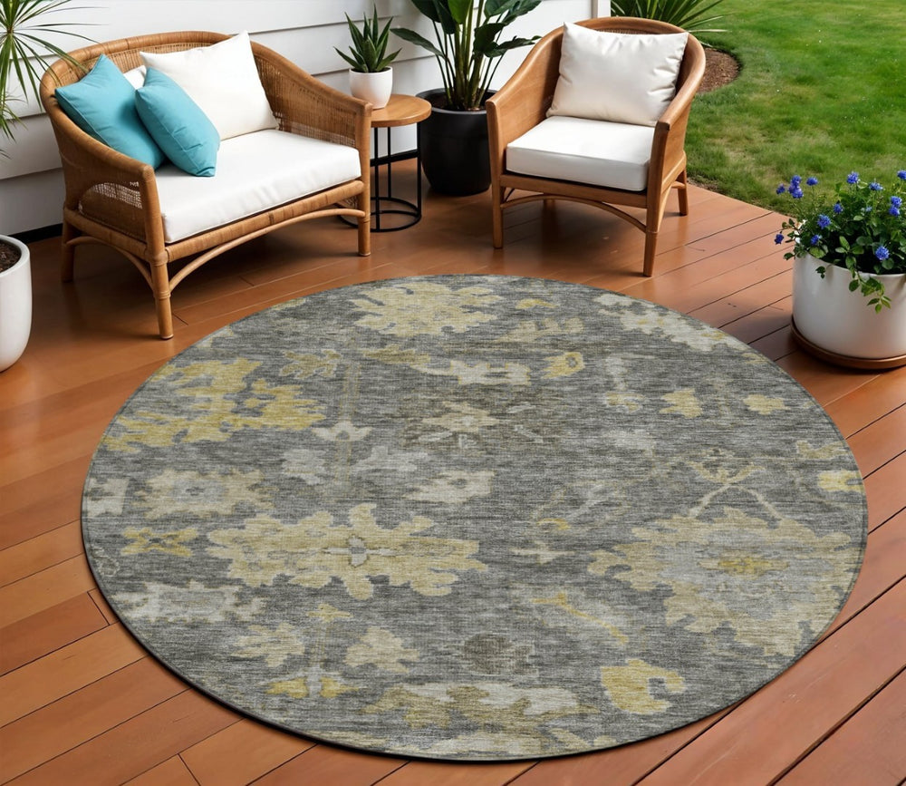 HomeRoots 5' Gray and Charcoal Floral Area Rug - Versatile, Washable Indoor/Outdoor Design for Elegant Spaces 8' Round 604128